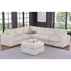 Sectional Sofa With Table Cupholder Console And Ottoman - Beige Polyester