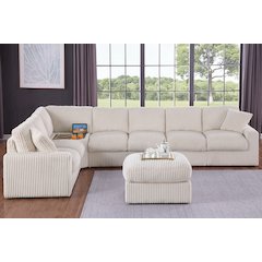 Sectional Sofa With Table Cupholder Console, USB Port Ottoman - Beige Polyester