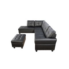 Devion Furniture Faux Leather Sectional Sofa with Ottoman-Black