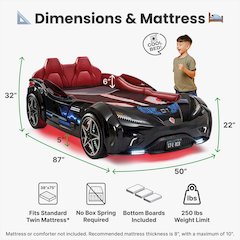 GTS EV Twin-Size Race Car Bed, Black - Remote Control, LED Lights, EV Sound FX