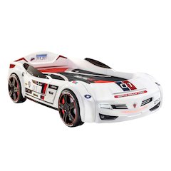 BiTurbo Twin-Size Race Car Bed, White - Remote Control, LED Lights, Sound FX