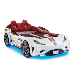GTS EV Twin-Size Race Car Bed, White - Remote Control, LED Lights, EV Sound FX