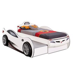 Race Cup Twin-Size Race Car Bed with Trundle Bed, White - 3D Bumper