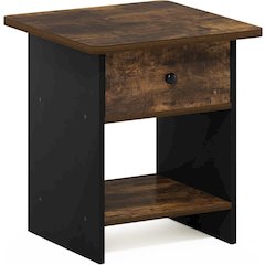 Dario End Table, Side Table, Storage Shelf with Bin Drawer, Amber Oak/Black