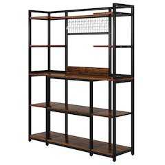 55" Large Baker's Rack with Hutch - Rustic Brown 5-Tier Storage Shelf with Hooks