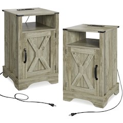 Nightstand Side Table with Electrical Outlets Charging Station 2 Sets Light Grey