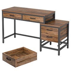 51" Reversible Rustic Brown Desk with 5 Drawers & File Cabinet