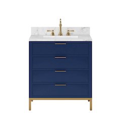 30 In. Single Sink Carrara White Marble Countertop Bath Vanity in Monarch Blue