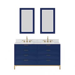 60 In. Double Sink Carrara White Marble Countertop Bath Vanity in Monarch Blue