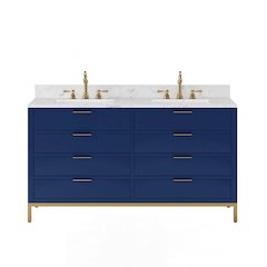 60 In. Double Sink Carrara White Marble Countertop Bath Vanity in Monarch Blue