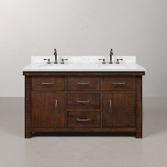 60 In. Double Sink Carrara White Marble Countertop Bath Vanity in Rustic Sienna