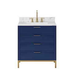 30 In. Single Sink Carrara White Marble Countertop Bath Vanity in Monarch Blue