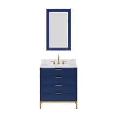 30 In. Single Sink Carrara White Marble Countertop Bath Vanity in Monarch Blue