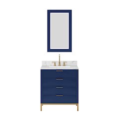 30 In. Single Sink Carrara White Marble Countertop Bath Vanity in Monarch Blue