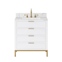 30 In. Single Sink Carrara White Marble Countertop Bath Vanity in Pure White