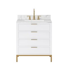 30 In. Single Sink Carrara White Marble Countertop Bath Vanity in Pure White