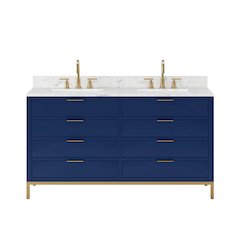 60 In. Double Sink Carrara White Marble Countertop Bath Vanity in Monarch Blue