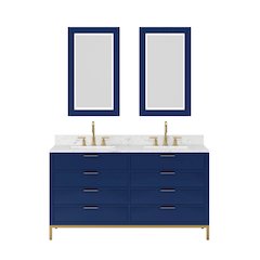 60 In. Double Sink Carrara White Marble Countertop Bath Vanity in Monarch Blue
