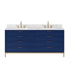 72 In. Double Sink Carrara White Marble Countertop Bath Vanity in Monarch Blue