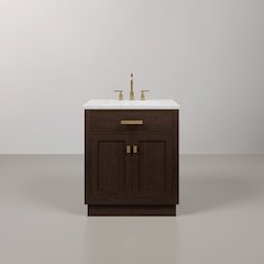 30 In. Single Sink Carrara White Marble Countertop Bath Vanity In Brown Oak