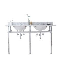 60 In. W. Double Wash Stand, P-Trap, Carrara White Marble Countertop