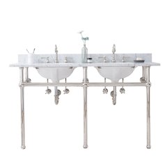 60 In. W. Double Wash Stand, P-Trap, Carrara White Marble Countertop