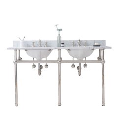 60 In. W. Double Wash Stand, P-Trap, Carrara White Marble Countertop