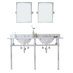 60 In. W. Double Wash Stand, P-Trap, Carrara White Marble Countertop