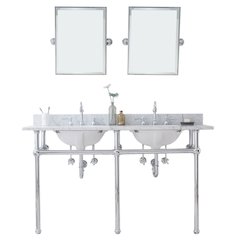 60 In. W. Double Wash Stand, P-Trap, Carrara White Marble Countertop