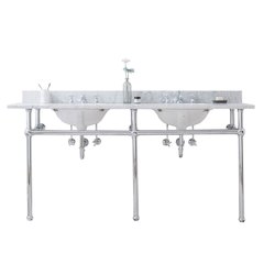72 In. W. Double Wash Stand, P-Trap, and Carrara White Marble Countertop