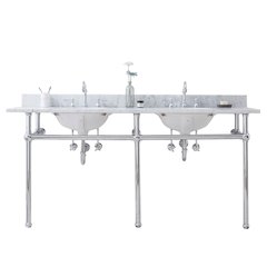 72 In. W. Double Wash Stand, P-Trap, Carrara White Marble Countertop