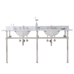 72 In. W. Double Wash Stand, P-Trap, Carrara White Marble Countertop