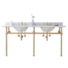 72 In. W. Double Wash Stand, P-Trap, Carrara White Marble Countertop