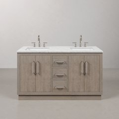 Hugo 60 In. Double Sink Carrara White Marble Countertop Bath Vanity in Grey Oak