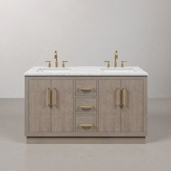 Hugo 60 In. Double Sink Carrara White Marble Countertop Bath Vanity in Grey Oak