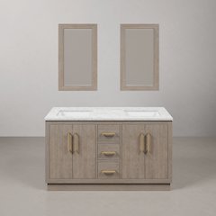 Hugo 60 In. Double Sink Carrara White Marble Countertop Bath Vanity in Grey Oak