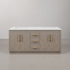 Hugo 72 In. Double Sink Carrara White Marble Countertop Bath Vanity in Grey Oak
