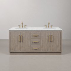 Hugo 72 In. Double Sink Carrara White Marble Countertop Bath Vanity in Grey Oak