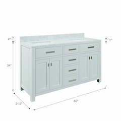 Madison 60 In. Double Sink Carrara White Marble Countertop Bath Vanity