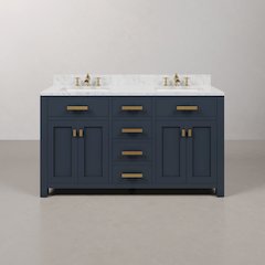 Madison 60 In. Double Sink Carrara White Marble Countertop Bath Vanity