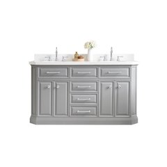 Palace 60 In. Double Sink Carrara Quartz Countertop Bath Vanity in Cashmere Grey