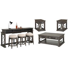 Grey Cocktail Table with 2 Chairside Tables and Console Table with 3 Stools