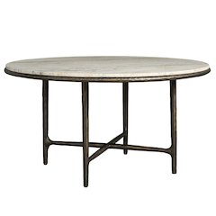 White Round Dining Table with Travertine Top and Metal X-Base Frame