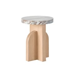 White Marble Accent Table with Oak-Finished Pedestal Base For Living Room