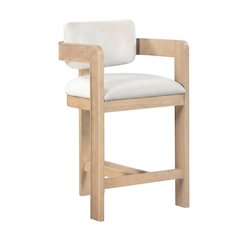 Velvet Art Deco Counter Stool, Low Back, Rubberwood Legs, Cream Velvet