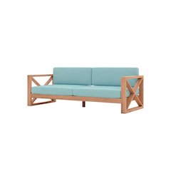 Blue Fabric Outdoor Sofa With Natural Teak Finish And Cushioned Seat