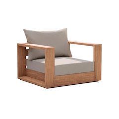 Gray Fabric Outdoor Chair With Pillow And Teak Finish