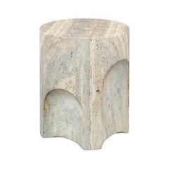 Concrete and Fiberglass Round Outdoor End Table, Art Deco Style, Travertine Top