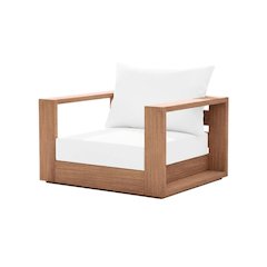 Contemporary White Fabric Outdoor Chair With Pillow And Finish - Natural Teak