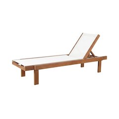 White Fabric Outdoor Lounge Chair With Teak Finish For Patio Relaxation